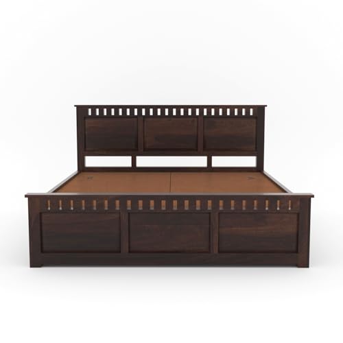 Image of Sheesham Wood Queen Size Bed with Storage Box Wooden Box Bed Queen Size Double Cot Bed with Storage for Bedroom | Premium Kuber Dalla Design Headboard Bed for Living Room | Walnut Finish