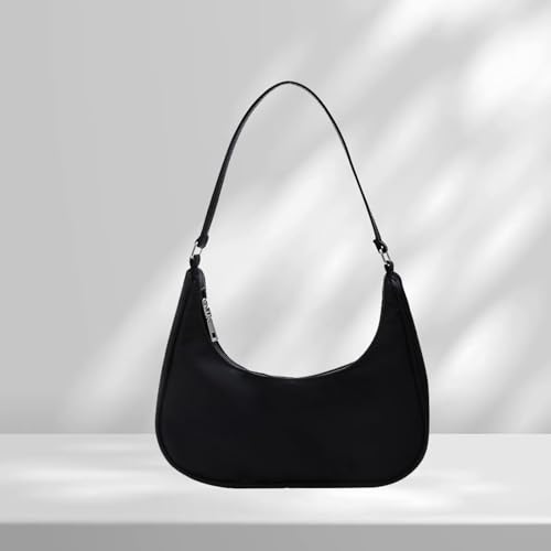 Women Shoulder Bag, Nylon Dumpling Bag with Zipper Mini Purse for women, Fashionable Shoulder Bags for Shopping, Dating, and Traveling(Black)