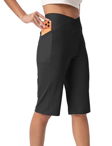 CHALLMOTI Women's Bermuda Long Shorts 14' Knee Length Capris Pants High Waisted Athletic Shorts with Pockets Black M