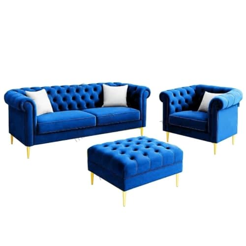 Image of Classic 3+1= 4 Seater with Footrest Seater Sofa Set Luxury Chesterfield Modern Fahionalable Sleeper Sofa for Living Room, Dining Room, (Blue A1)