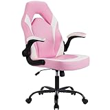 DUMOS Ergonomic Computer Gaming Chair - Home Office Desk with PU Leather Lumbar Support, Height Adjustable Big and Tall Video Game with Flip-up Armrest, Swivel Wheels for Adults and Teens, Pink