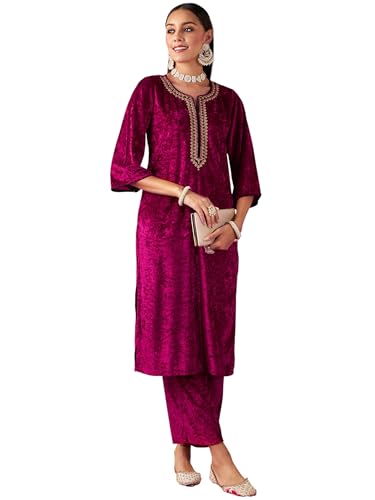 Image of Women's Velvet Floral Embroidered Straight Kurta | Round Neck Three-Quarter Sleeve Calf Length Kurti with Thread Work