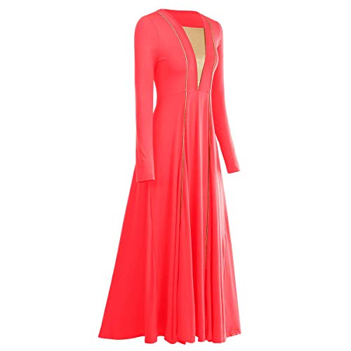 Foto von IMEKIS Damen Liturgisch Lob TanzKleid Metallisch Patchwork Langarm Maxikleid Swing Faltenrock Freizeitkleid Festlich Abendkleid Partykleid Kirche Anbetung Ballsaal Tanzkleidung Orange XS