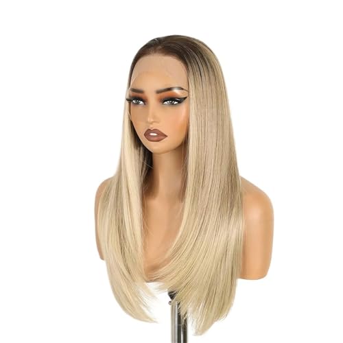 Perruque synthétique lisse 13x6 lace front wig ombré blond platine 24 pouces sans colle