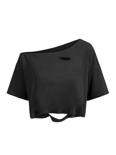 Remidoo Women's Off The Shoulder Cut Out Top Half Sleeve Cropped Shirt Loose Fit Tee Black X-Large