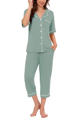 Image of LUBOT Womens Bamboo Viscose Pajamas for Women PJ Set 2 Piece Cooling Soft Short Sleeve Capri Pants Summer Sleepwear Set S-XXL