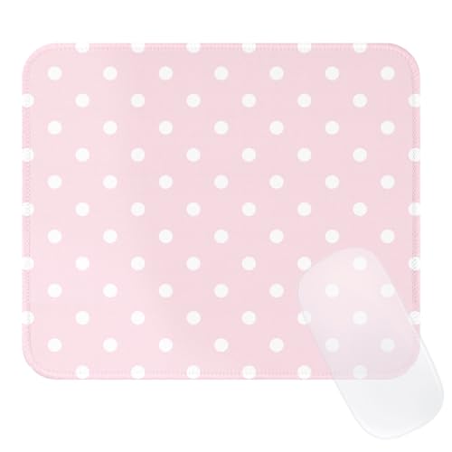 Image of Square Cute Dots Mouse Pad with Stitched Edge, Premium Waterproof Cloth Aesthetic Small Dot Mouse Mat, Non-Slip Rubber Base Funny Mousepad Desk Accessories,Dots Pink White