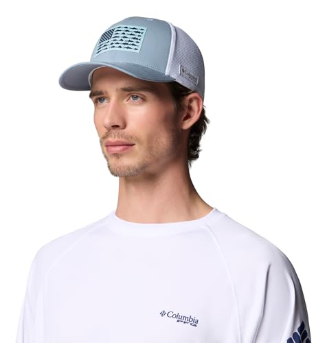 Image of Columbia Unisex PFG Fish Flag Mesh Ball Cap, Dockside Blue /White /US Fish Flag, L /XL