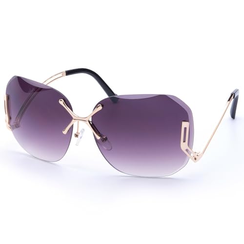 ICARA Women's Diamond-Cut Rimless Round Sunglasses – Oversized UV Protection Shades for Beach, Driving & Fashion