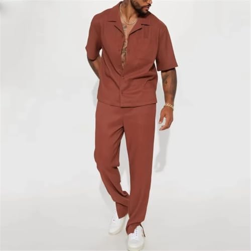 Mens 2 Piece Suits Streetwear Trendy Loose Short Sleeve Lapel Shirt and Pants Outfits Sets3