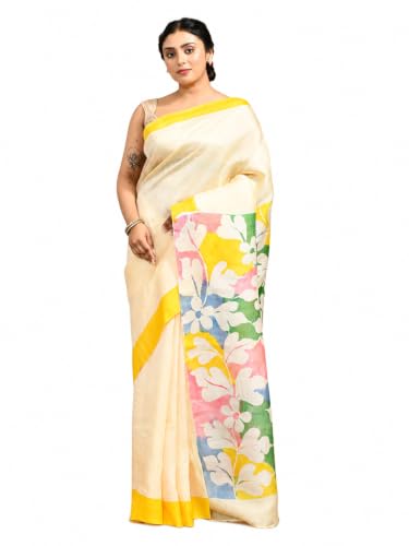 OD AD Women’s Pure Murshidabad Silk Cream & Yellow Saree with Multicolor Floral Printed Pallu