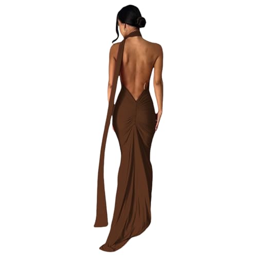 Women's Sexy One Shoulder Backless Maxi Dress Elegant Ruched O Ring Sleeveless Evening Dress Long Gown Cocktail Dresses Brown
