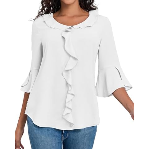 Women's Work Blouses Ruffle 3/4 Sleeve Dressy Top V Neck Casual Chiffon Tunic Blouses Business Shirts White Cover