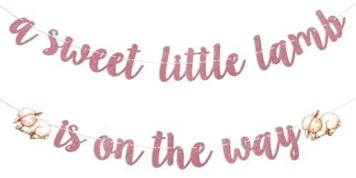 A Sweet Little Lamb is on The Way Banner - It's a Girl Gender Reveal Party Decor, Pink Sheep Theme Baby Shower Decorations Rose Gold Glitter