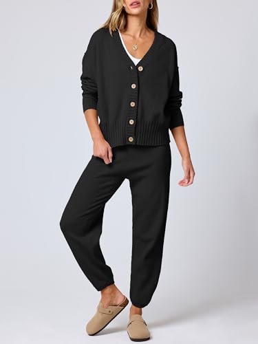 ANRABESS Women 2 Piece Lounge Sets 2025 Fall Outfits Casual Waffle Knit Cardigan Sweater Pant Set Travel Airport Clothes2