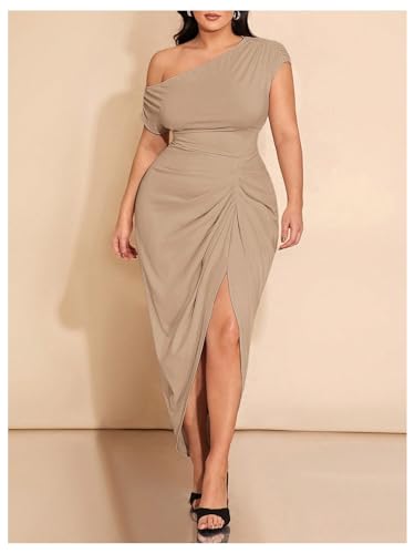 Image of Floerns Women's Plus Size Asymmetrical Neck Long Dress Ruched Slit Hem Cocktail Dress