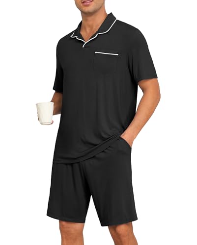 PrinStory Mens Pajamas Set Summer Pjs Sets Lightweight Short Sleeve Pajama Soft Sleepwear Loungewear with Pockets Black-L