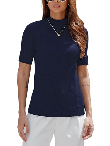 Image of Short Sleeve Mock Neck Turtleneck Sweater Tops Knit T Shirts Capsule Wardrobe Essentials