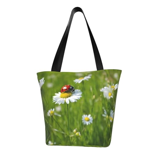 Ladybug Daisy Print Lightweight Shoulder Bag Summer Outings Tote Bags Travel Hiking Work Casual Use