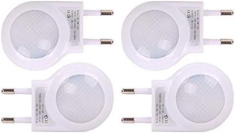 Omeet 4 Pack of White EU 2-pin Plug - Portable Plug-in 0.7W Travel LED Night Light with Light Sensor Controlled Dusk to Dawn, No USB Port