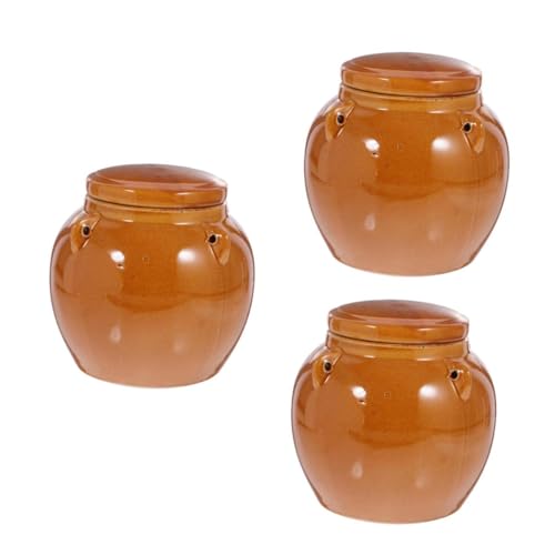 TOPBATHY 3 Piezas Jarra Cerámica Hermética Etiquetas De Tarro Colador Recipiente para Fermentar Kimchi Encurtidos Tarro De Chucrut Gres Amarillo Azúcar Solar Mini Campana Tapas Dulces Brown