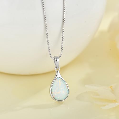 Opal Necklace for Women - 925 Sterling Silver October Birthstone Teardrop Pendant with 9x12mm Opal Gemstone, Adjustable Box Chain Jewelry Gif for Her2