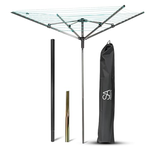 SA Products Rotary Washing Line | 45m Rotating Heavy Duty Clothes Airer Outdoor | Garden 4 Arm Rotary Washing Line | Washing Line Rotary with Ground Spike & Cover