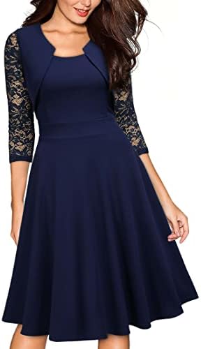 Miusol Women's Vintage Square Neck Floral Lace 2/3 Sleeve Cocktail Swing Dress, Navy Blue, Small