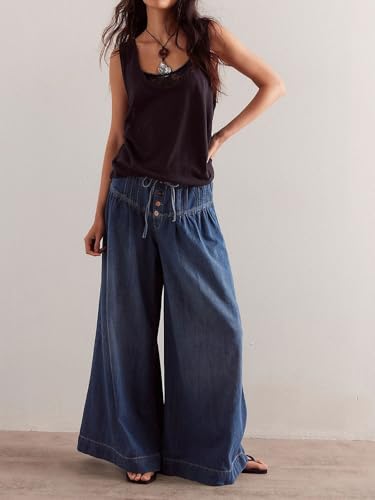 utcoco Women's 2025 Pleated Mid-Rise Buttons Drawstring Maxi Wide Leg Jeans2