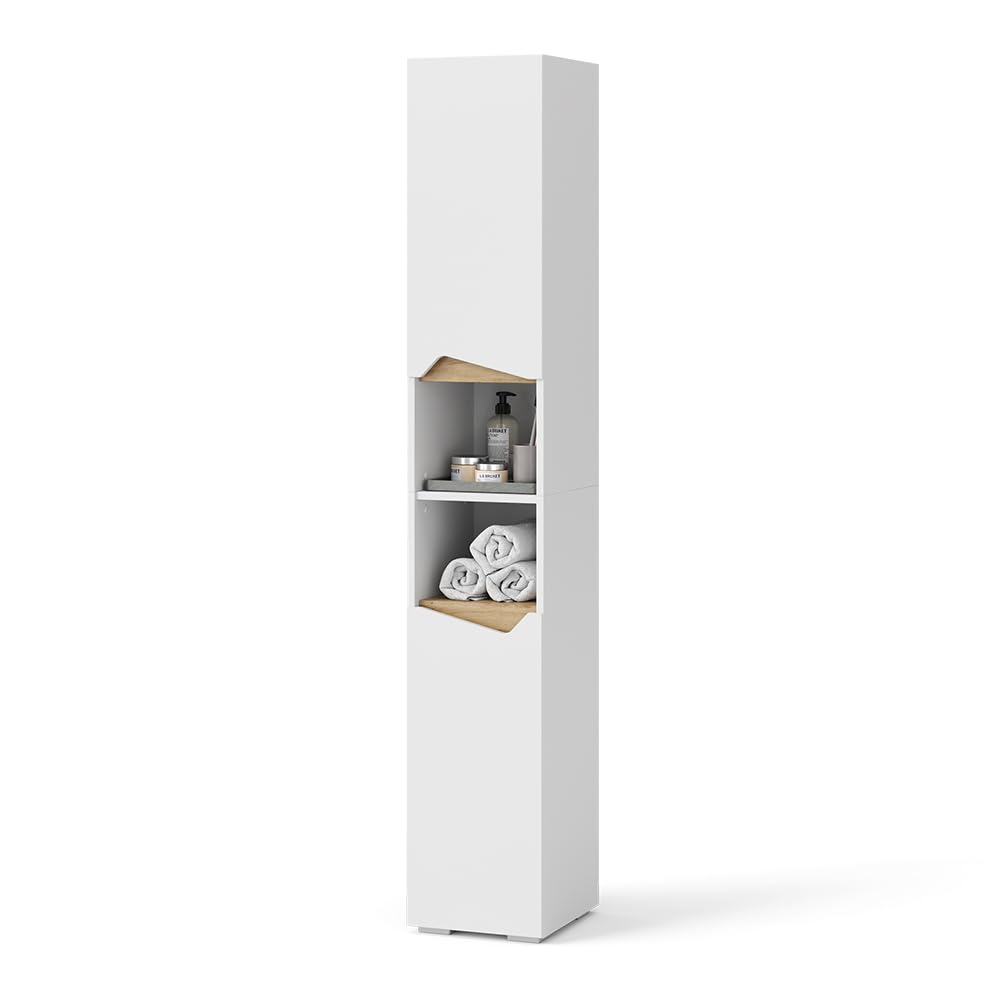 Vicco Armario de baño Marelle, Blanco/Artesano, 30 x 180 cm | con puertas y compartimentos abiertos, para guardar artículos de baño y toallas