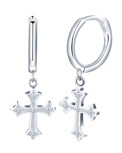Yumilok Boucles d'oreilles en Argent 925 Femmes Filles Bagues d'oreilles Pendantes de Croix pour Homme Créoles Diamètre de 0.9cm Couleur d'argent