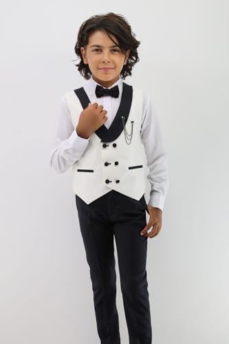 Baby & Boys Shawl Lapel White/Black Vest Suit Set for Weddings & Special Occasions3