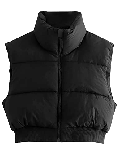 Gihuo Women's Cropped Puffer Vest Quilted Gilet Winter Padded Full Zip Vest Stand Collar Sleeveless Jacket(Black-Large)