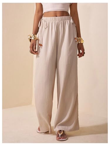 Women's Elastic Waist Casual Pants Side Knot Straight Wide Leg Lounge Pants Trousers3