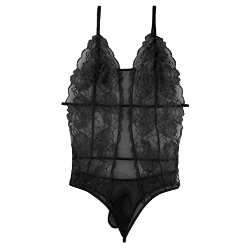 iiniim Men's One-Piece Sheer Floral Lace Bodysuit Sissy Pouch Thong Leotard Crossdress Lingerie Nightwear4