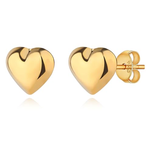 14K Gold Plated Heart Stud Earrings for Women, Hypoallergenic S925 Sterling Silver Love Heart Earrings Simple Tiny Cartilage Sleeper Earrings Jewelry for Multiple Piercings