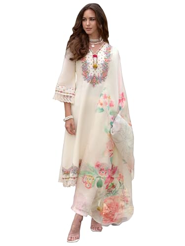 Image of INDO ERA Women's Silk Blend Embroidered A-Line Kurta and Pant with Dupatta Set (Ieout6682)