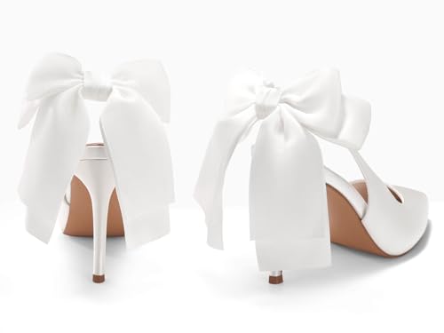 Image of Coutgo Womens Slingback High Heels with Bow Closed Pointed Toe Wedding Bride Dress Shoes Satin Pumps
