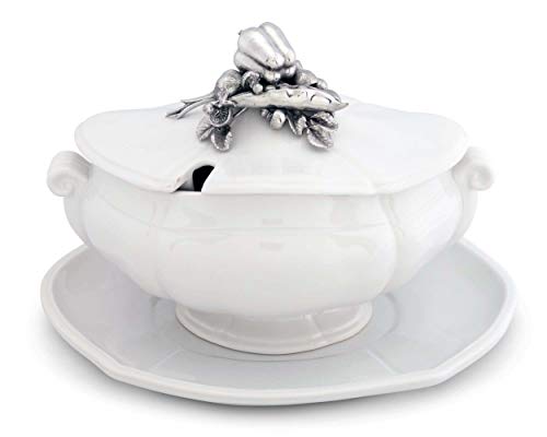 Vagabond House Stoneware Tureen with Pewter Vegetable Lid and Stoneware Tray 3 pieces Tureen/Lid/Tray - 13 Inches Long