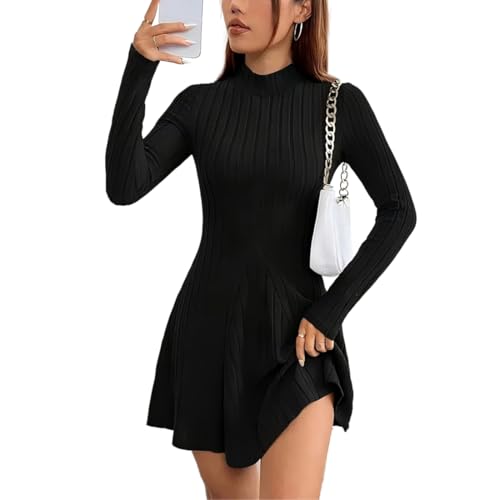 Robe pull femme automne col rond : mini robe tricotée manches longues coupe A-ligne