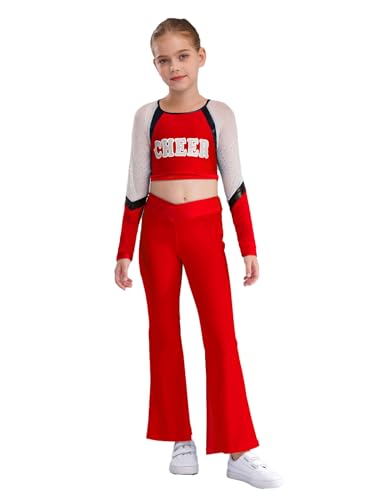 Kids Girls 2 Piece Gymnastic Dance Outfits Sparkly Long Sleeve Color Block Cheer Crop Top And Flared Pants Set Red 10 Years