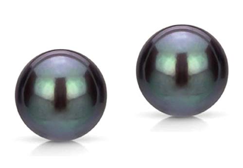Golden Choice14K Solid White Gold Peacock Black Pearl Earrings for Women 6 mm-7 mm Freshwater Cultured AAA to AA Pearls Full of Sheen and Luster Hand Picked Semi Round Stud Brides Maid Accessories