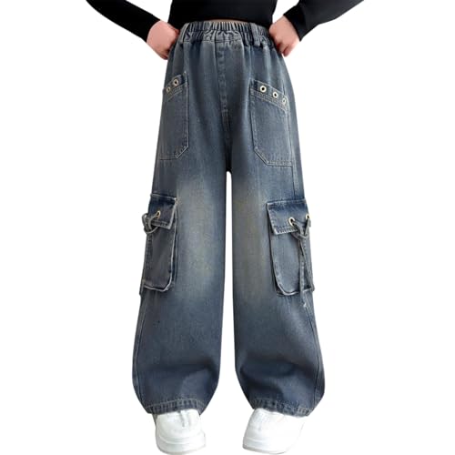 Kids Girls Baggy Cargo Jeans Relaxed Wide Leg Straight Distressed Washed Denim Pants Fashion Y2k Streetwear Pockets
