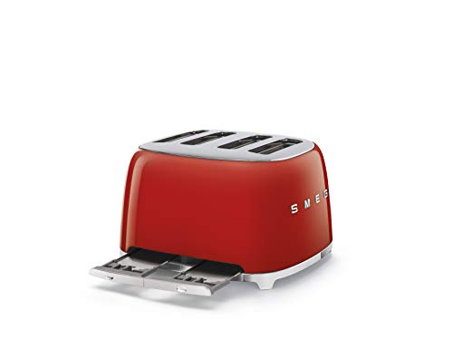 Image of SMEG 4 Slice Toaster TSF03, Retro Stainless-Steel Toaster with Wide Slots for Bagels, 6 Browning Levels, Defrost Reheat Bagel Functions, Dual Controls, Crumb Trays,1800W - TSF03RDUS - Red