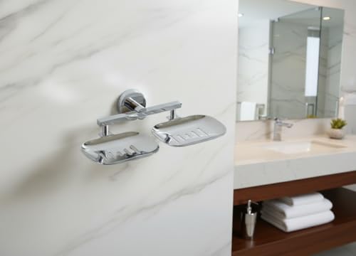 Image of EASYHOME FURNISH Premium Stainless Steel Double Soap Dish for Bathroom & Kitchen | Wall-Mounted Dual Soap Holder with Drainage Slots | Rust-Proof Chrome Finish Soap Stand (Round-37 08)
