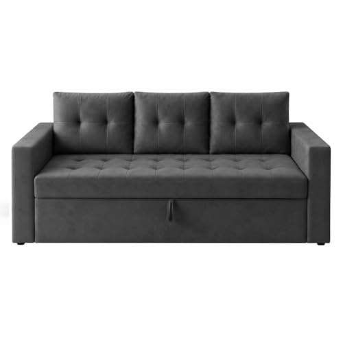 Image of FURNY Tressa 3 Seater Fabric Pull-Out Sofa Cum Bed Function (Dark Gray) | Luxury Velvet Suede Finish | Durable Comfort Sofa Bed for Modern Living Room & Office Spaces