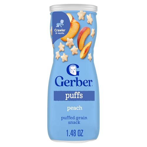 Gerber Stage 3 Baby Snacks, Peach Puffs, Puffed Grain Snack, Baby Led Feeding, Iron & Choline, Puffs Snacks for Babies, 6-Pack