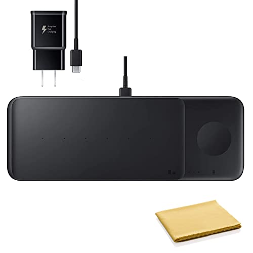 SAMSUNG Wireless Charger Trio Qi Compatible - Fast Charge up to 3 Devices at Once - for Galaxy Phones Buds Watches and Apple iPhone Devices Includes Microfiber Cleaning Cloth - Black