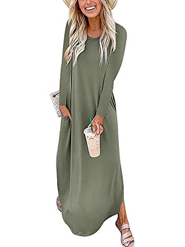 ANRABESS Women s Long Sleeve Loose Plain Maxi Dresses Casual Long Dresses Side Slit with Pockets A234-ganlanlv-S