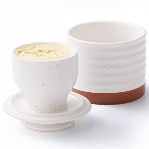 Image of DOWAN Butter Dish with Lid, French Butter Crock with Waterline, Ceramic Butter Keeper for Countertop, Water-Cooled, Soft & Spreadable Butter